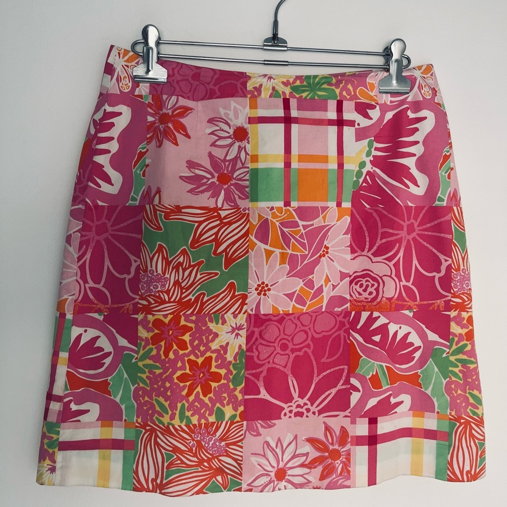 Lilly Pulitzer pink floral plaid patchwork A- line skirt